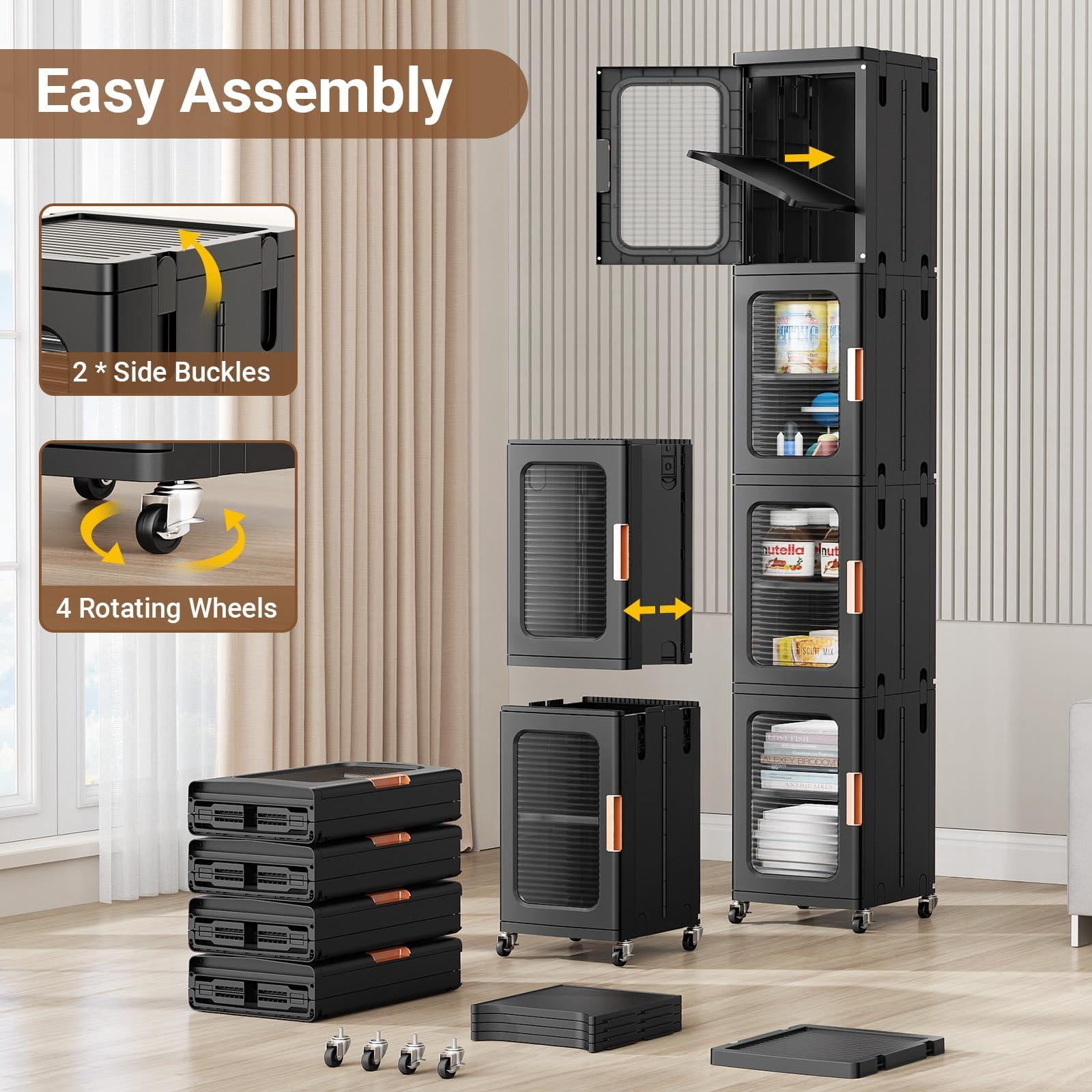 BROVIEW 1-Tier Tall Narrow Storage Cabinet Organizer, Slim Bathroom Cabinets with Doors and Shelves Adjustable, Plastic Kitchen Pantry Organizers and Storages for Small Space, Laundry, Black