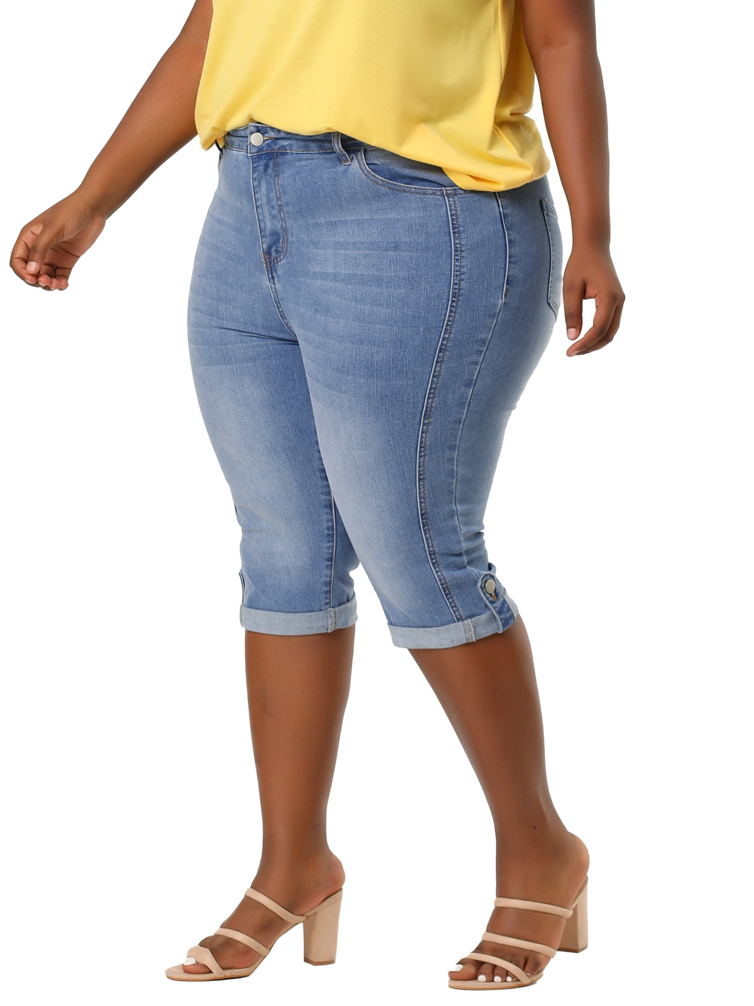 Unique Bargains Juniors' Plus Size Shorts Chambray Ripped Denim Capri Jeans Light Blue 2X