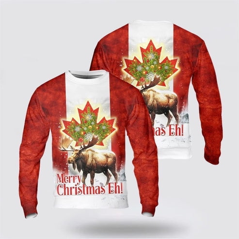 Farmers Sweater, Canada Merry Christmas Eh Canada Moose 3D Christmas Sweater, Christmas Crewneck Sweater, Winter Farm Fashion