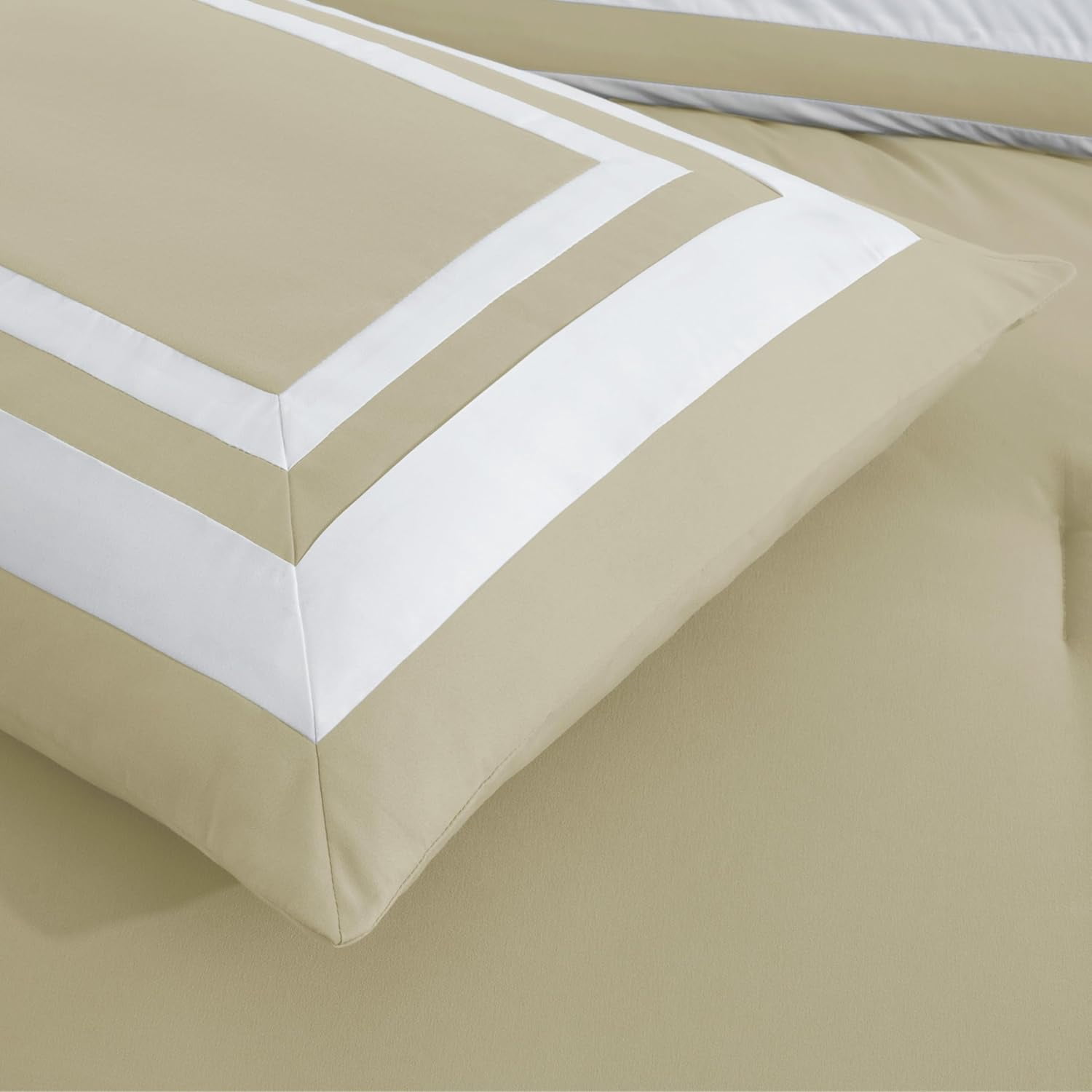 Chezmoi Collection Caprice 7-Piece Hotel Style Comforter Set Queen Size, Tan/White Square Pattern Color Block Bedding with Decorative Pillows, Luxurious Lightweight All Season Bed Set