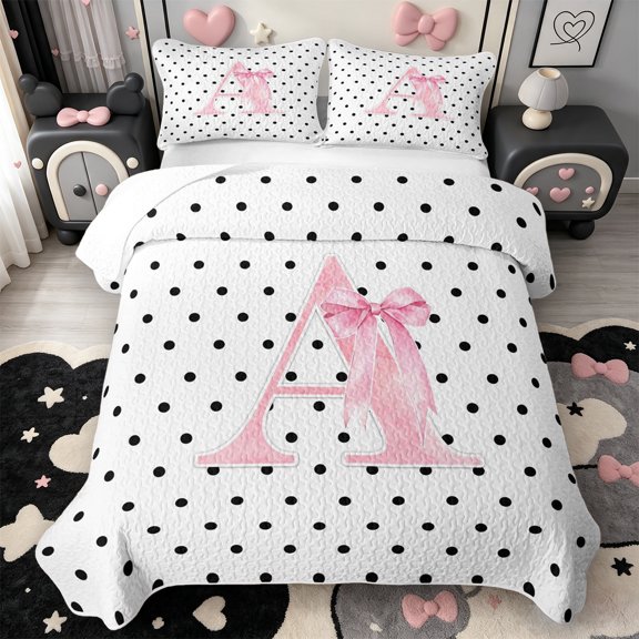 Manfei Pink ABC Print A Quilt Full,Cute Polkadot Full Bedspread Sets,3-Piece,1 Coverlet and 2 Pillowcases