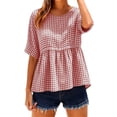thumbnail image 3 of ClodeEU Women's Plaid Round Neck Short Sleeve Babydoll Blouse,Casual Summer Peplum Top Red,Women's Plus L, 3 of 9