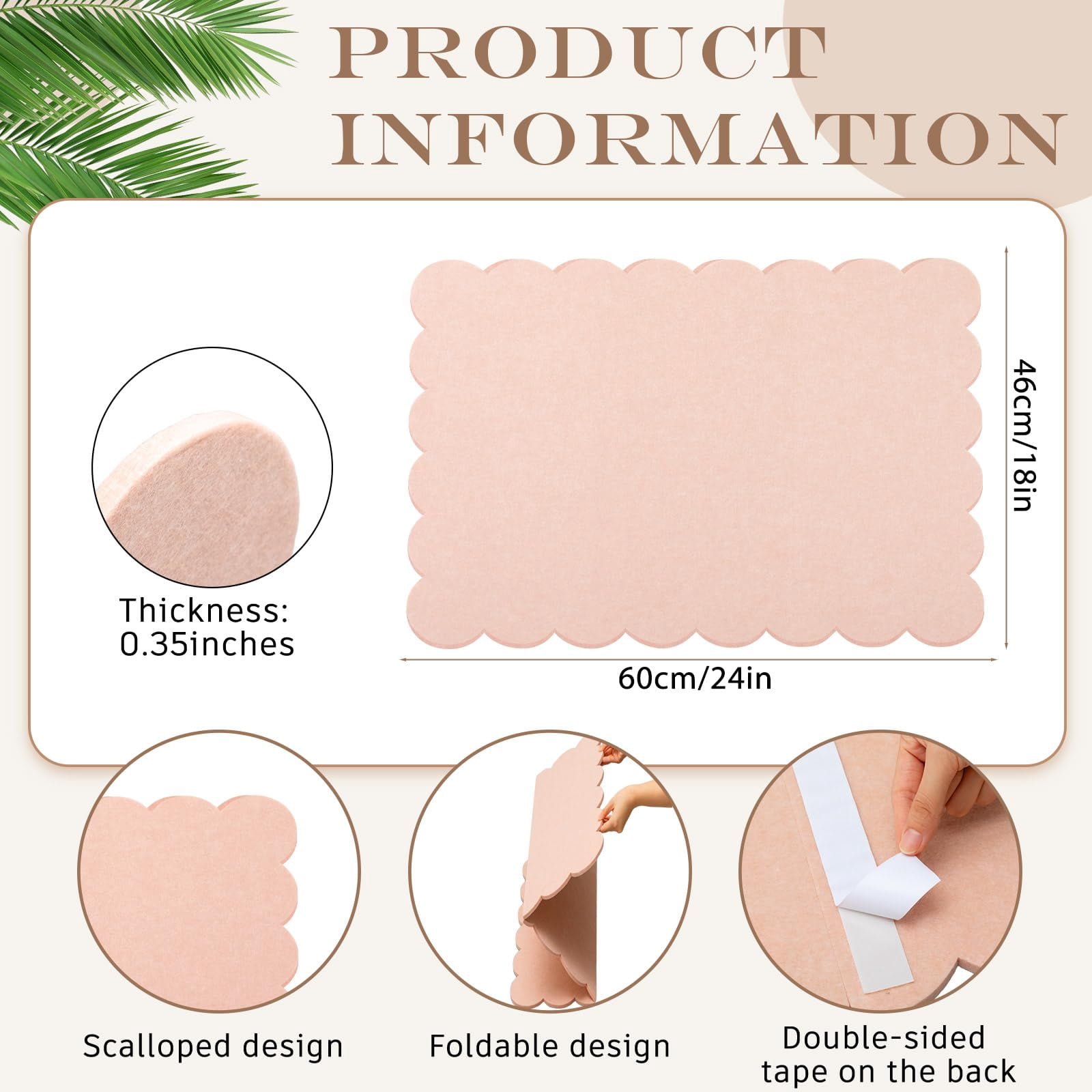 Scalloped Felt Bulletin Board 24 X 18 Inches Foldable Flesh Pink Pin Cork Alternative For Wall  2' 1.5' Trifold Picture Vision Self Adhesive Decorative