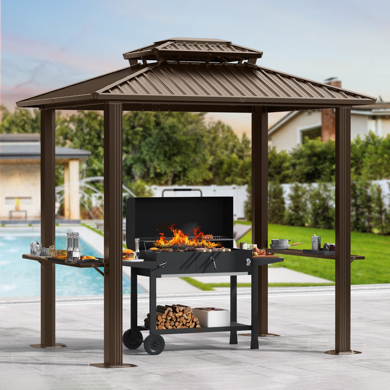 COBIZI 6’x 8’ Hardtop Aluminum Grill Gazebo with Double Roof, Outdoor BBQ Gazebo Canopy with 2 Side Shelves, Galvanized Steel Roof for Enhanced Patio, Lawn, Backyard BBQ Experience, Brown
