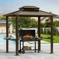 thumbnail image 3 of COBIZI 6’x 8’ Hardtop Aluminum Grill Gazebo with Double Roof, Outdoor BBQ Gazebo Canopy with 2 Side Shelves, Galvanized Steel Roof for Enhanced Patio, Lawn, Backyard BBQ Experience, Brown, 3 of 11