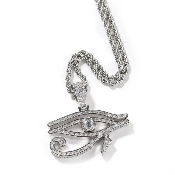 14K Gold Over Finish Simulated Diamond Iced out Bling Custom Eye Of Horus Egyptian Charm Pendant Necklace, Evil Eye Protection, Gift for her