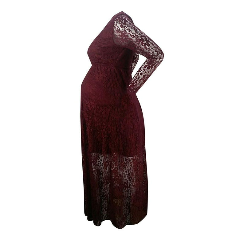 Danhjin Maternity Elegant Fitted Maternity Gown Lace Long Sleeve Cross-Front V Neck Slim Fit Maxi Photography Dress for Photoshoot