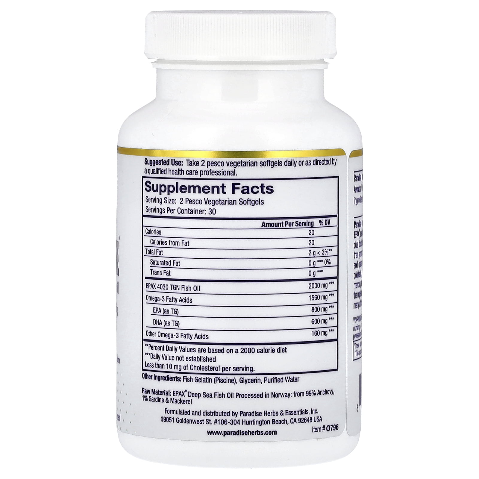 Paradise Herbs Omega-Sure®, Premium Omega-3 Fish Oil, 60 Pesco Vegetarian Softgels