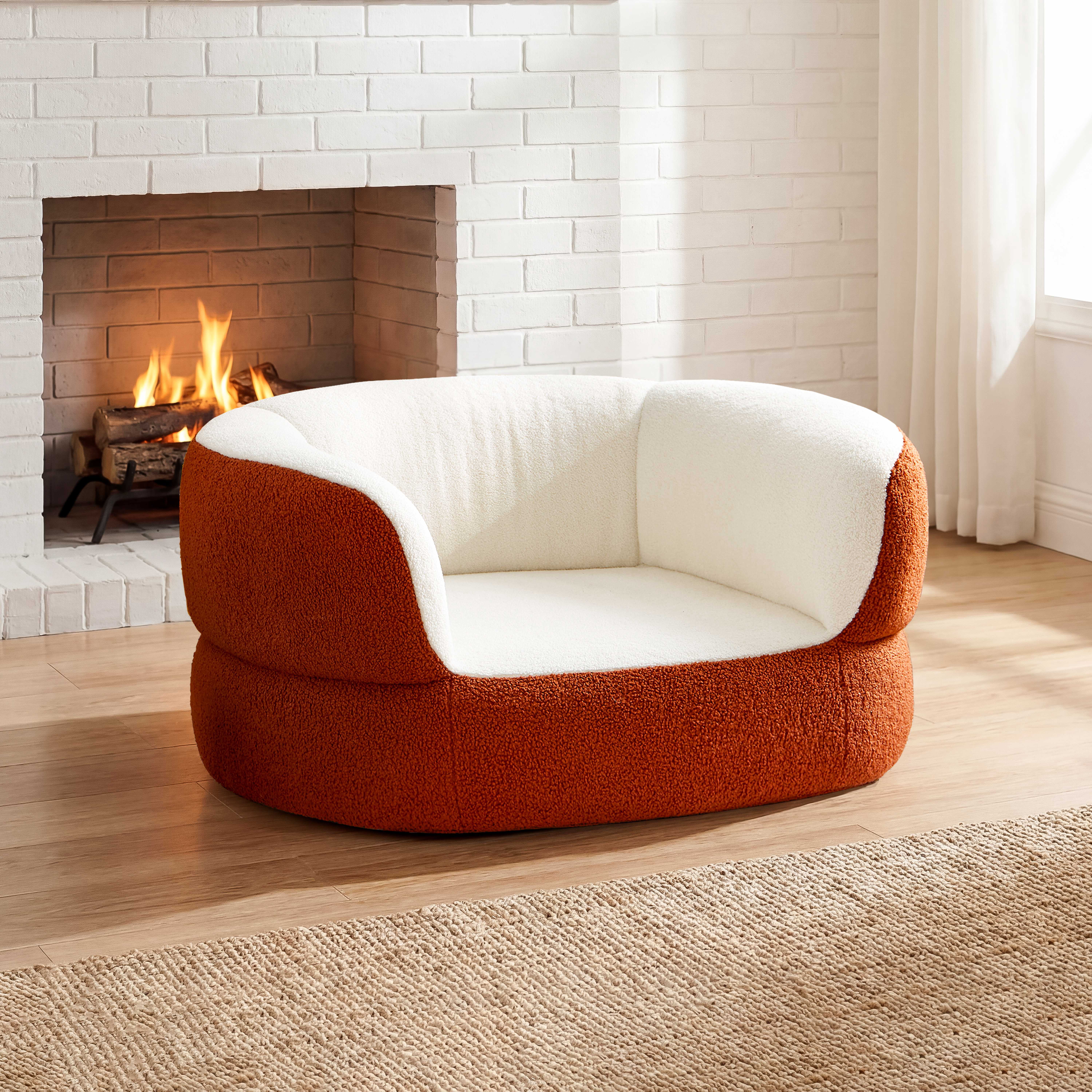 39.4" No Assembly Required Dog Couch Bed, Furniture Style Orthopedic Doggy Chaise with Foam for Dogs up to 75lbs, Round Faux Shearling Pet Sofa Bed with Removable Leather Mat for Living Room Bedroom