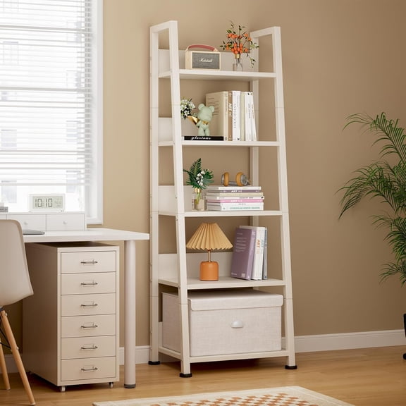 5-Tier Ladder Bookshelf with Storage Box, White Wooden Space-Saving Shelf for Living Room Bedroom