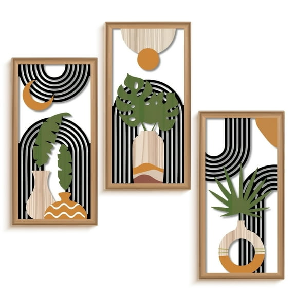 Boho Wall Art Set of 3, Green Botanical Wooden Wall Decor, Abstract Aesthetic Room Decorations, Mid-Century Modern Artwork for Living Room, Bedroom, Office Green 11.8 x 5.9 inch