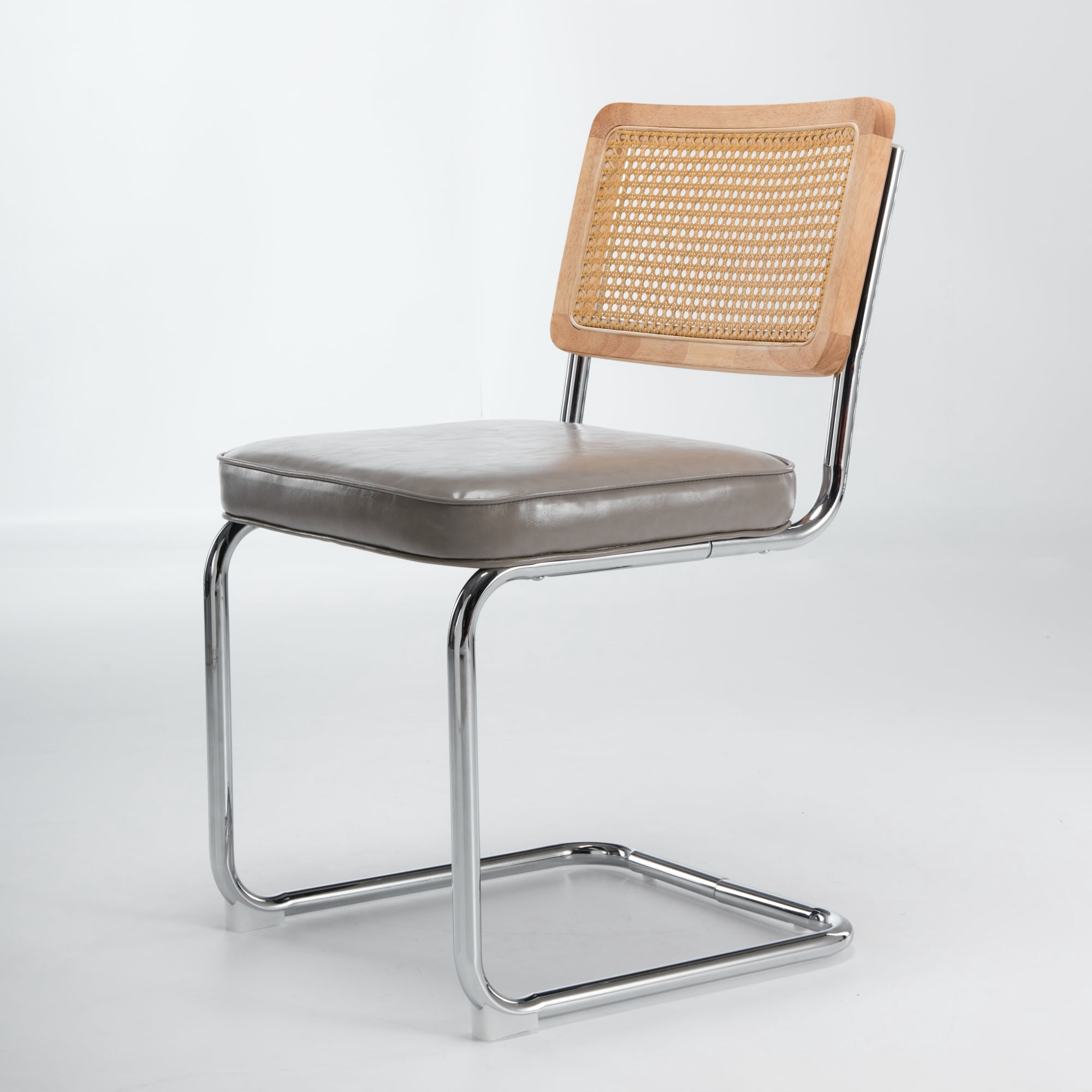 GARITIN Dining Chairs Set of 2, Mid-Century Cane Rattan Dining Chair with Solid Wood Frame, Faux Leather Seat, Cantilever Chrome Metal Armless Side Chair for Kitchen, Gray