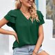 thumbnail image 3 of Blusa de manga con volantes Cuello en V Color puro Ajuste holgado Casual Mujer Top de manga corta para verano Verde XL, 3 of 6