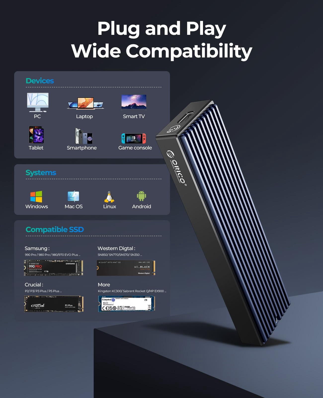 ORICO M.2 NVMe SSD Enclosure Max 4TB Aluminium 10Gbps USB3.1 Gen2 Type-C to NVMe Enclosure Case NVMe M.2 Enclosure Adapter（No Drive）