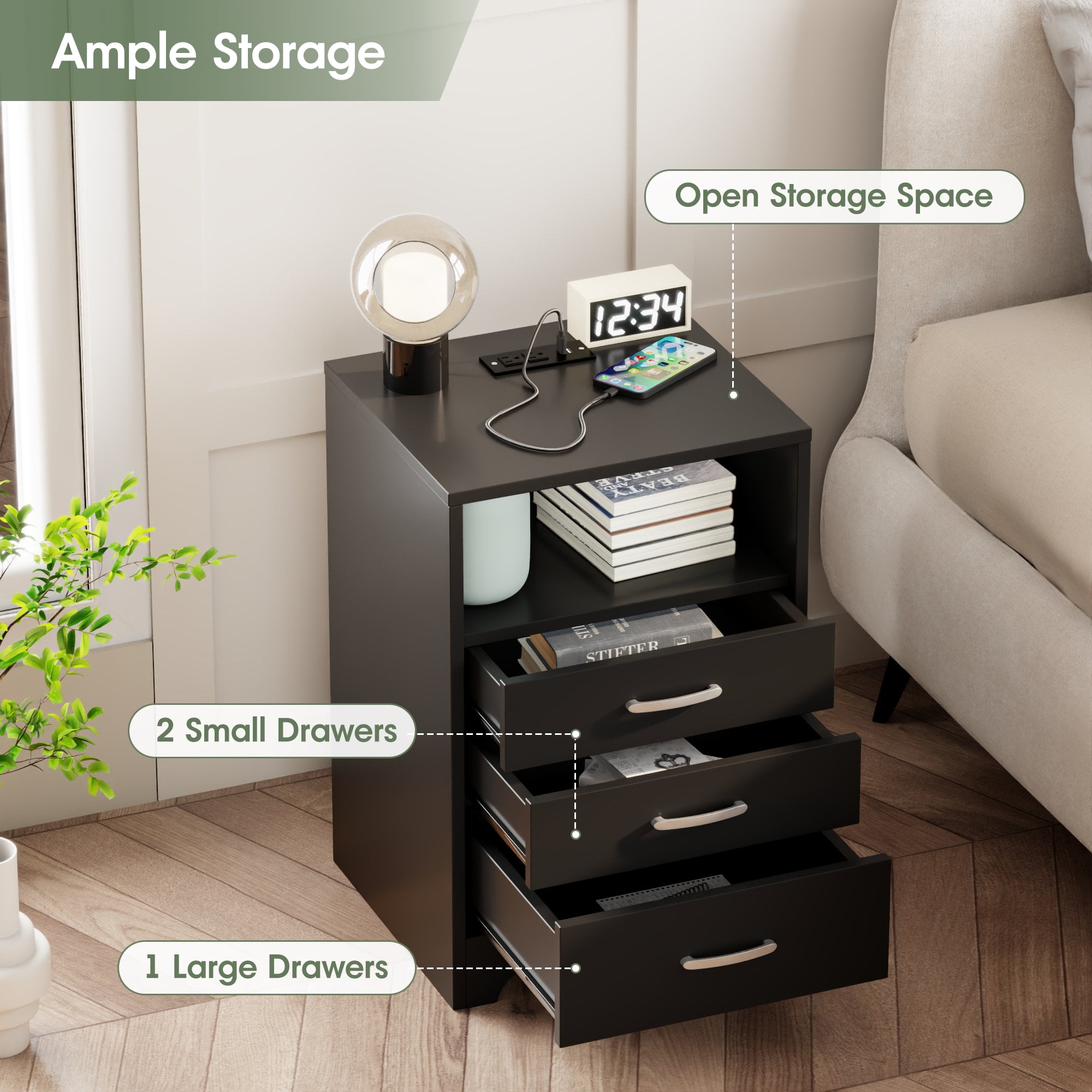 VEANERWOOD Nightstand Set of 2 with 3 Drawers and Charging Station 24" H End Side Table, Black