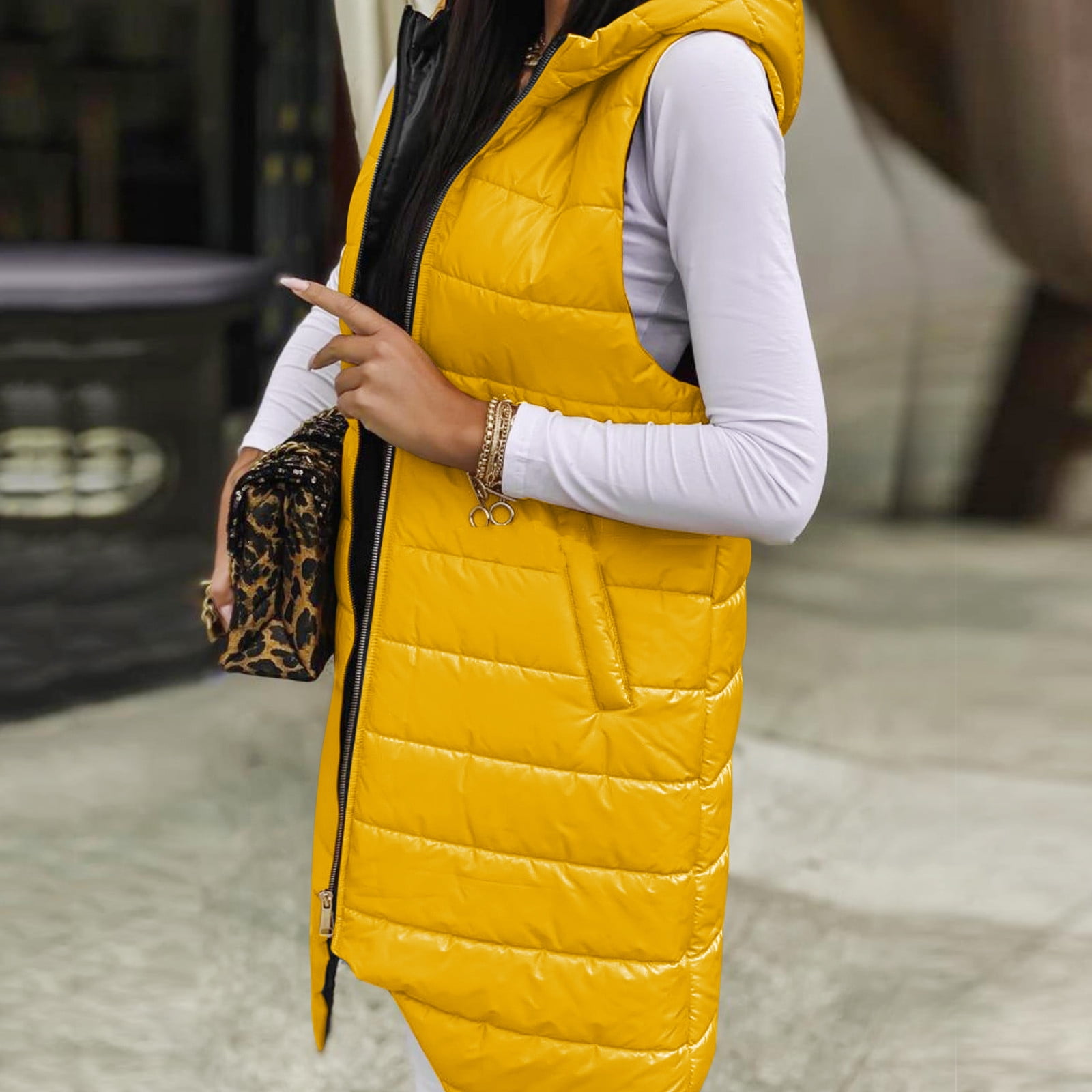 Woman Leather Hooded Down Jacket yellow colour Ladies