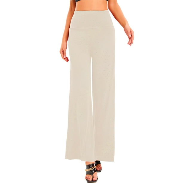Gibobby Pantalones deportivos Pantalones de yoga de cintura alta informales con brillantes de plástico para mujer, pantalones de pierna ancha(Beige, S)