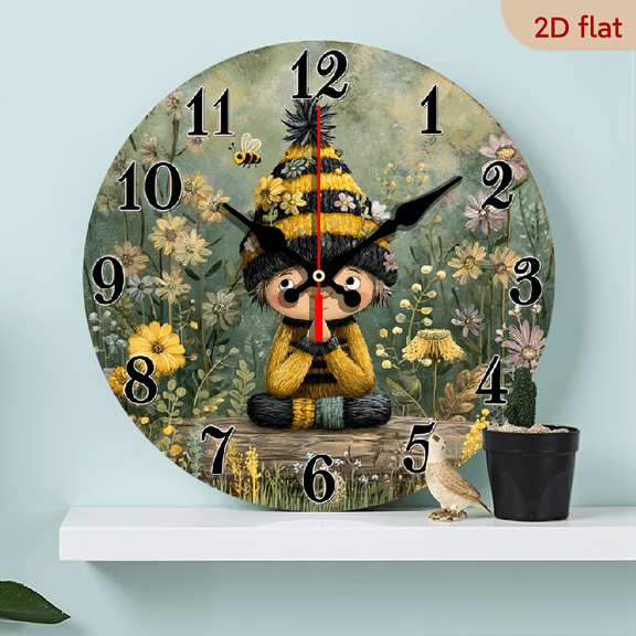 2D Flat, Silent Non-Ticking Wooden Wall Clock, 10inch Round Decorative Clock with Cute Bee-Themed Character in Garden Design, Battery Operated (AA Not Included) for Living Room, Kitchen, Office