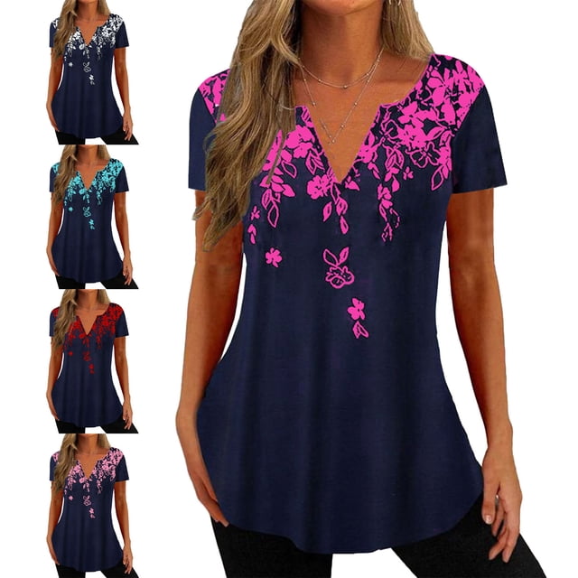 Blusa morada con escote en V, de manga corta, estampada, transpirable y elegante, perfecta para ir de compras, viajar y usar en la oficina. Talla M