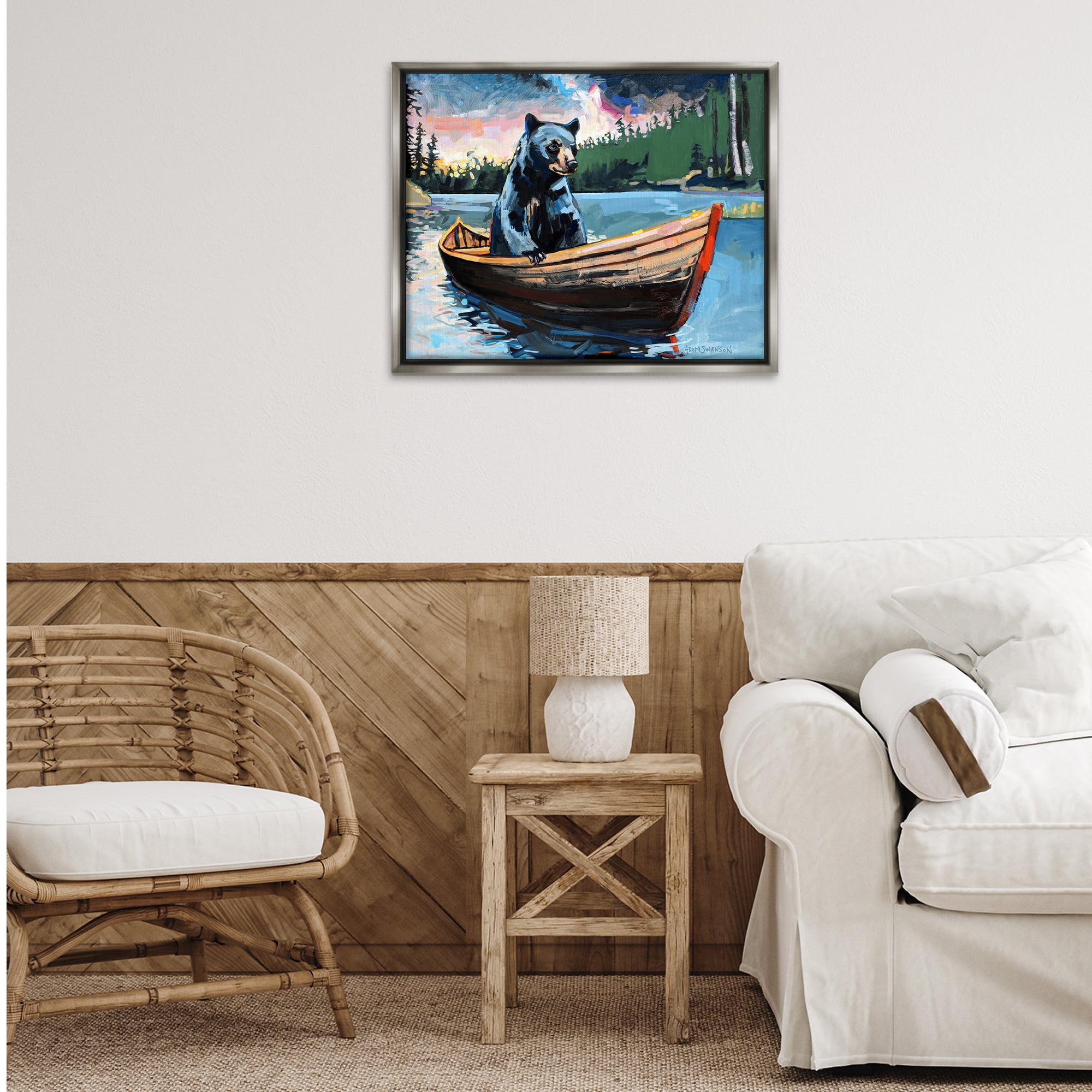Stupell Industries Boating Black Bear Animals Painting Gray Floater Framed Canvas Art Print Wall Art, 31 x 25