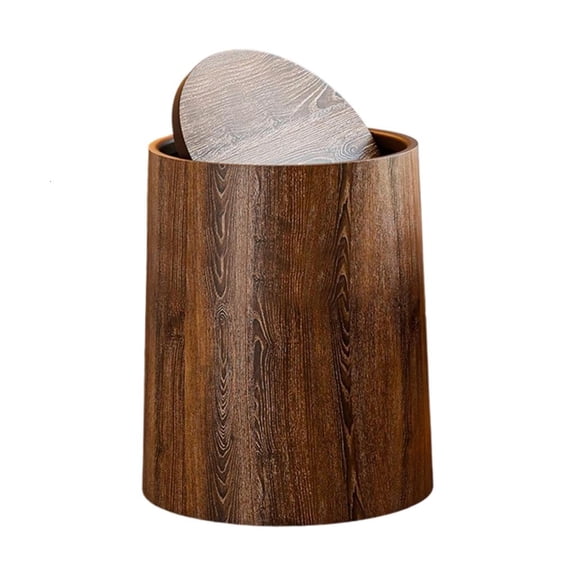 Giaone Space Saving Round Waste Bin Featuring Wood Grains Texture And Swing Lid