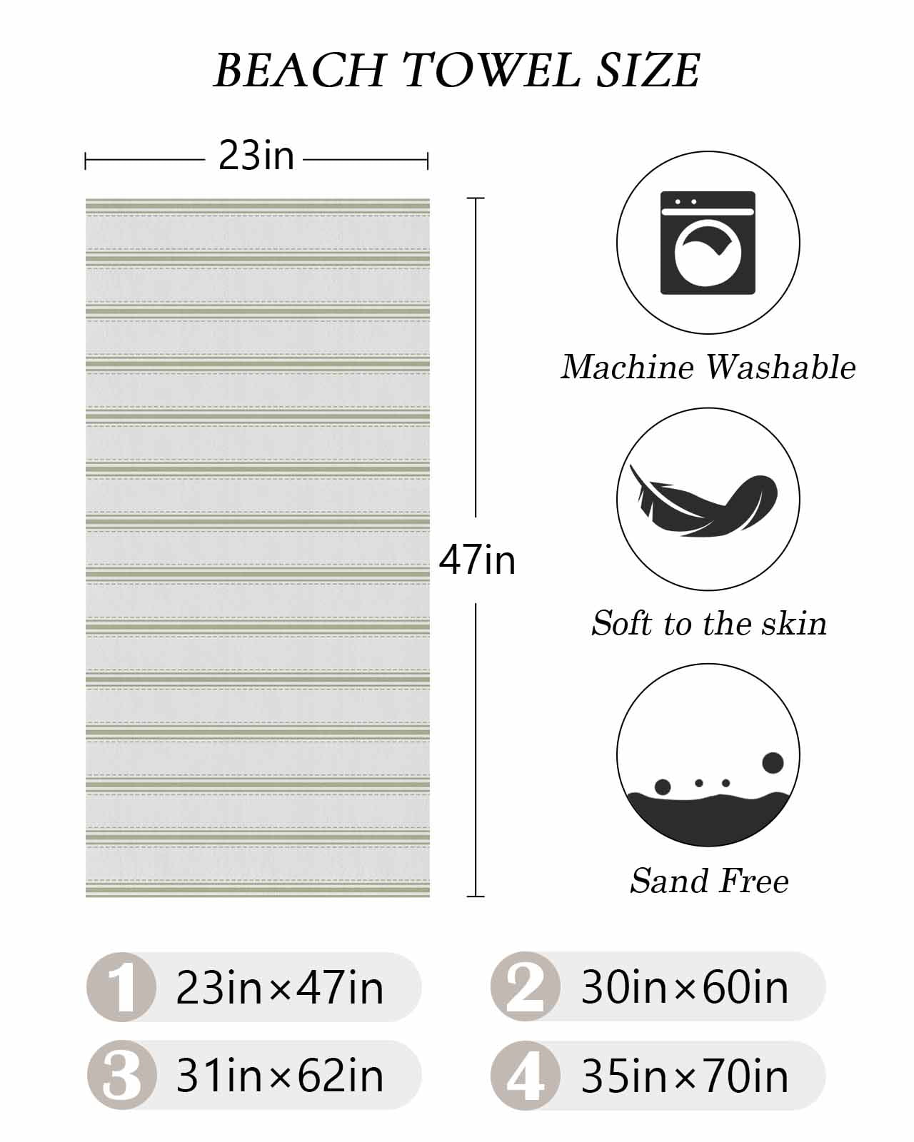 Sage Green Striped Beach Towels Oversized Super Absorbent, Sage Green White Stripes Farmhouse Lightweight Bath Towel Quick Dry Sets For Bathroom/Pool/Rv Camping/Beach Play/Gym Room/Picnic 23"x47"