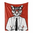 thumbnail image 1 of Hipster Soft Flannel Fleece Throw Blanket, Funny Vintage Sketch of Businessman Cat with Glasses and Suit, Cozy Plush for Indoor and Outdoor Use, 50" x 60", Vermilion Charcoal Grey, by Ambesonne, 1 of 5
