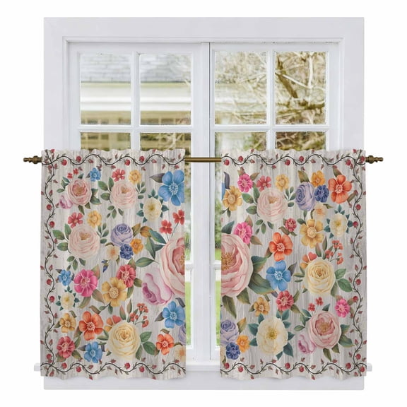 Boho Pink Flowers Tier Curtains 54 Inch Length, Colorful Floral Spring Vintage Botanical Cafe Short Curtains for Bathroom Over Sink, Small Kitchen Curtain Light Filtering Drapes 2 Panels 27.5"Wx54"L