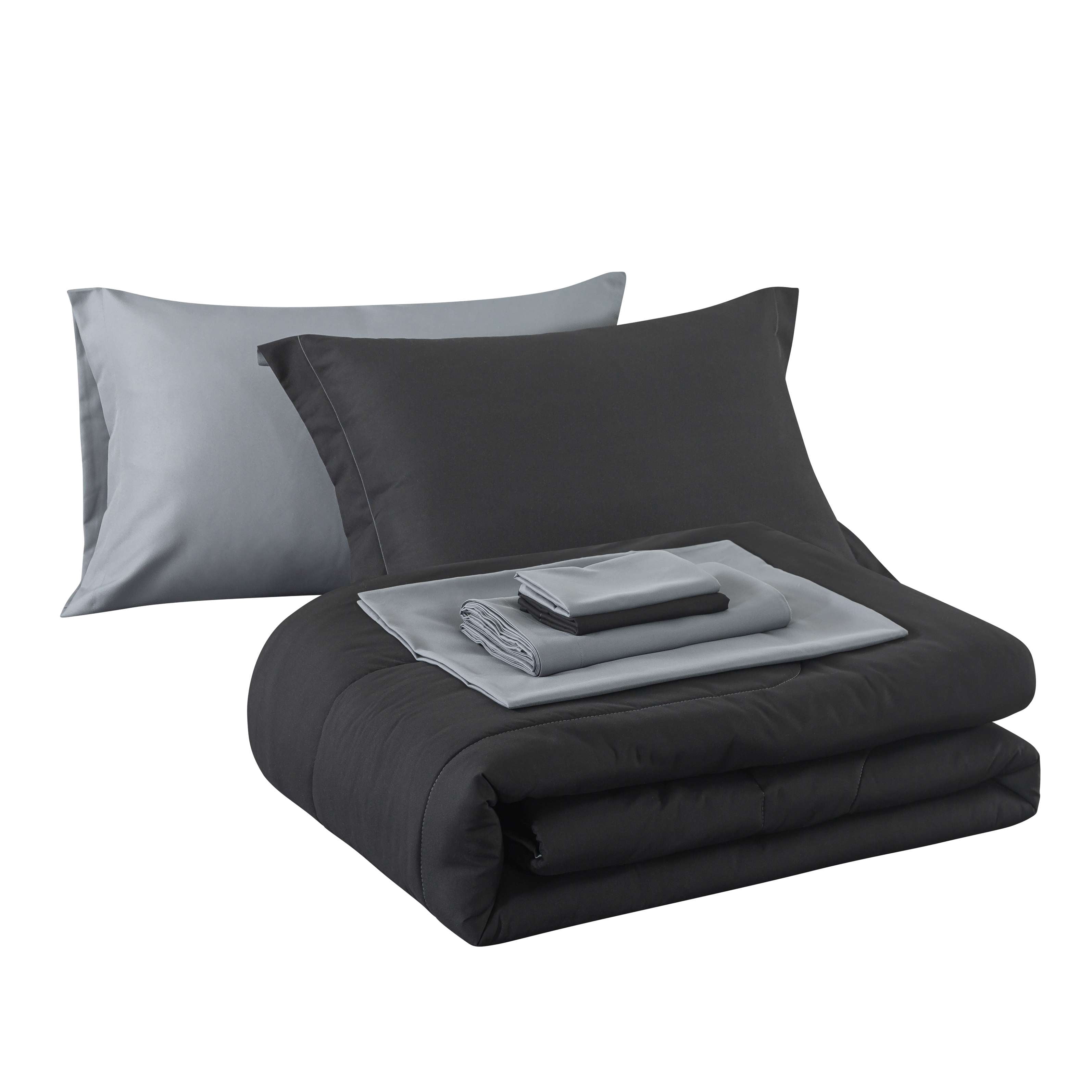 Mainstays 7-Piece Reversible Black Bed in a Bag Comforter Set with Sheets, Queen, Adult, Unisex