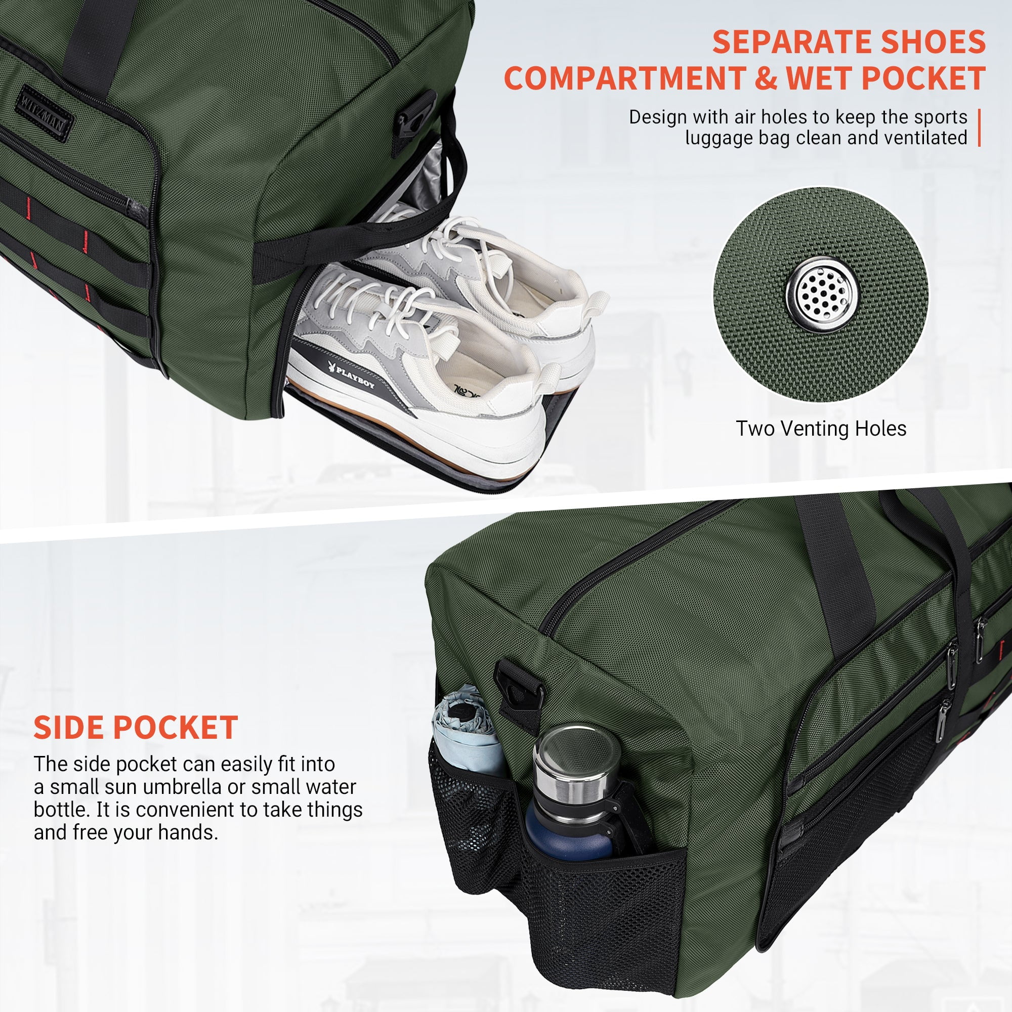 WITZMAN Foldable Duffle Bag for Travel 65L Lightweight Packable Duffel Bag with Shoes Compartment Overnight Bag for Men Women (B697 Army Green)