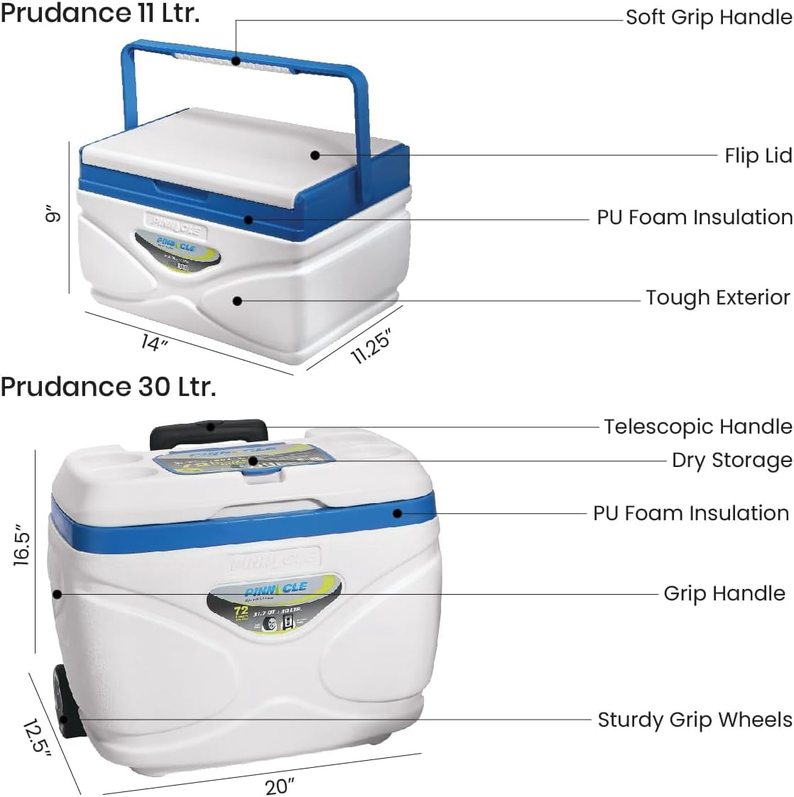 Pinnacle 30L Cooler with Wheels Set, 3 Coolers with Ice Bricks, Cup Holder Lid, Marine