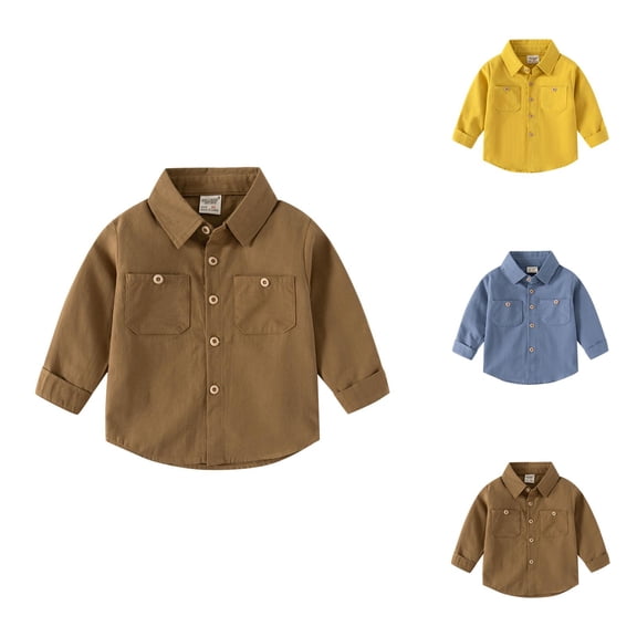 Boys Girls Shirts Spring Fall Fashion Casual Long Sleeve Button Down Lapel Collared Plain Shirt with Chest Pocket