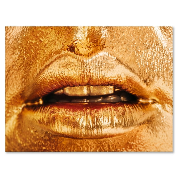 Designart ' Close Up Of Female Lips With Bright Golden Makeup ' Modern Canvas Wall Art Print
