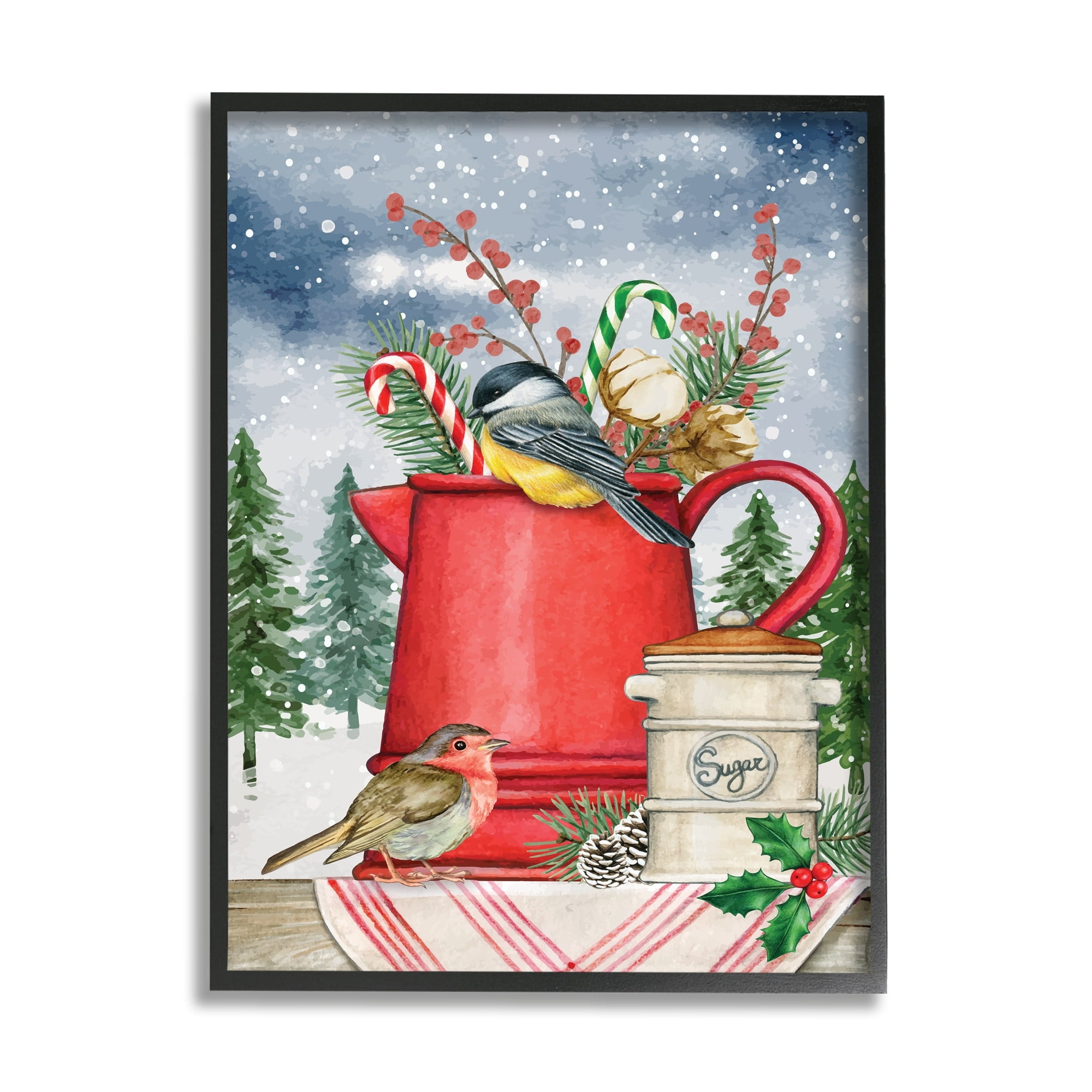 Winter Birds Perched Tea Kettle Holly & Fir Botanicals Botanical & Floral Painting Framed Art Print Wall Art