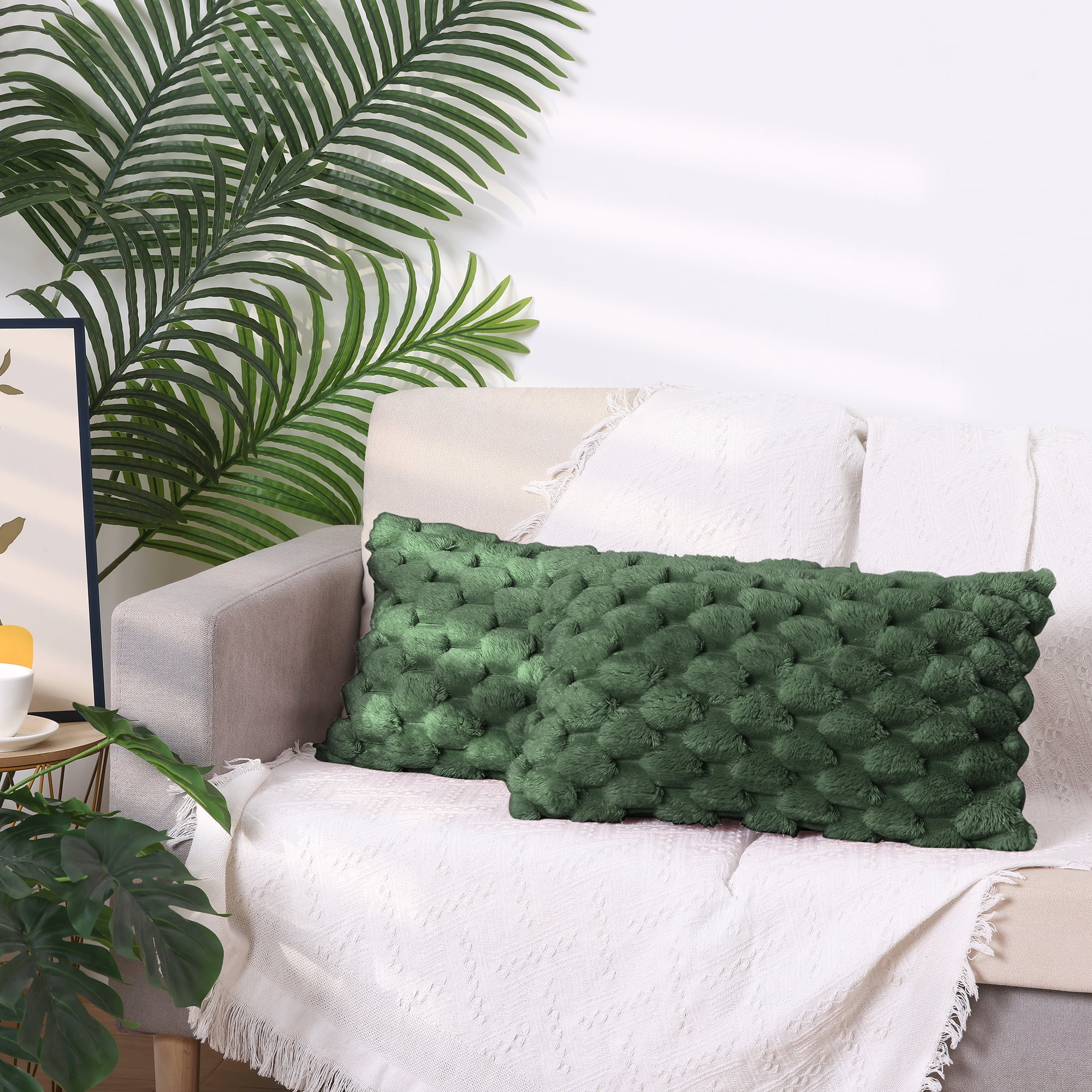 Unique Bargains 2 Soft Throw Pillow Covers Fur Decorative Fuzzy Plush Cushion Covers Green 12" x 20"