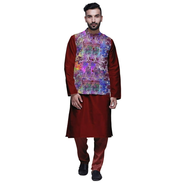 Atasi Kurta Traditionnelle Unie avec Col Mandarin et Veste Imprimée