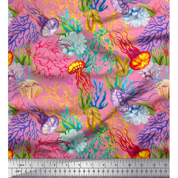 Soimoi Cotton Duck Fabric Coral & Jellyfish Ocean Print Fabric by The Yard 42 Inch Wide
