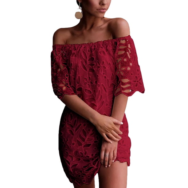 Vestido PRETTYGARDEN Mini Floral de Encaje Rojo Vino con Hombros Descubiertos M