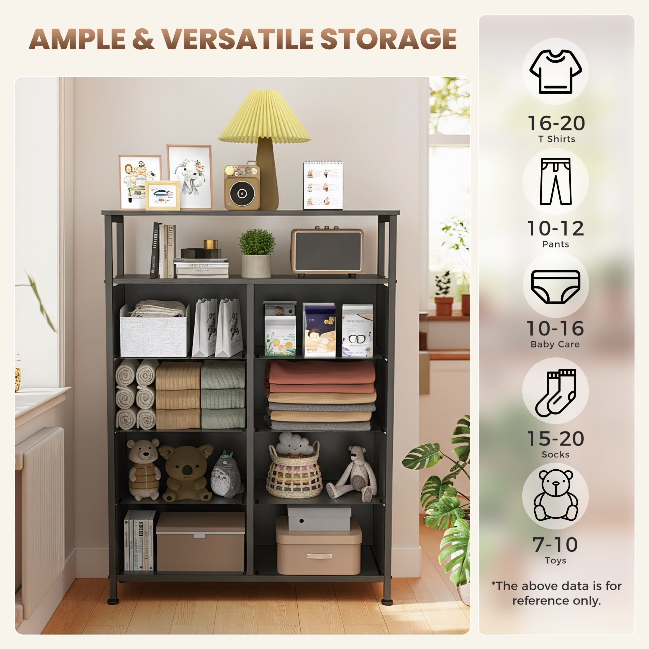 edx 8 Drawers Fabric Dresser, Clothes Storing, Storage Tower Organizer TV Stand, for Bedrooms, Wardrobes, Entryways, and Living Rooms, WoodBlack