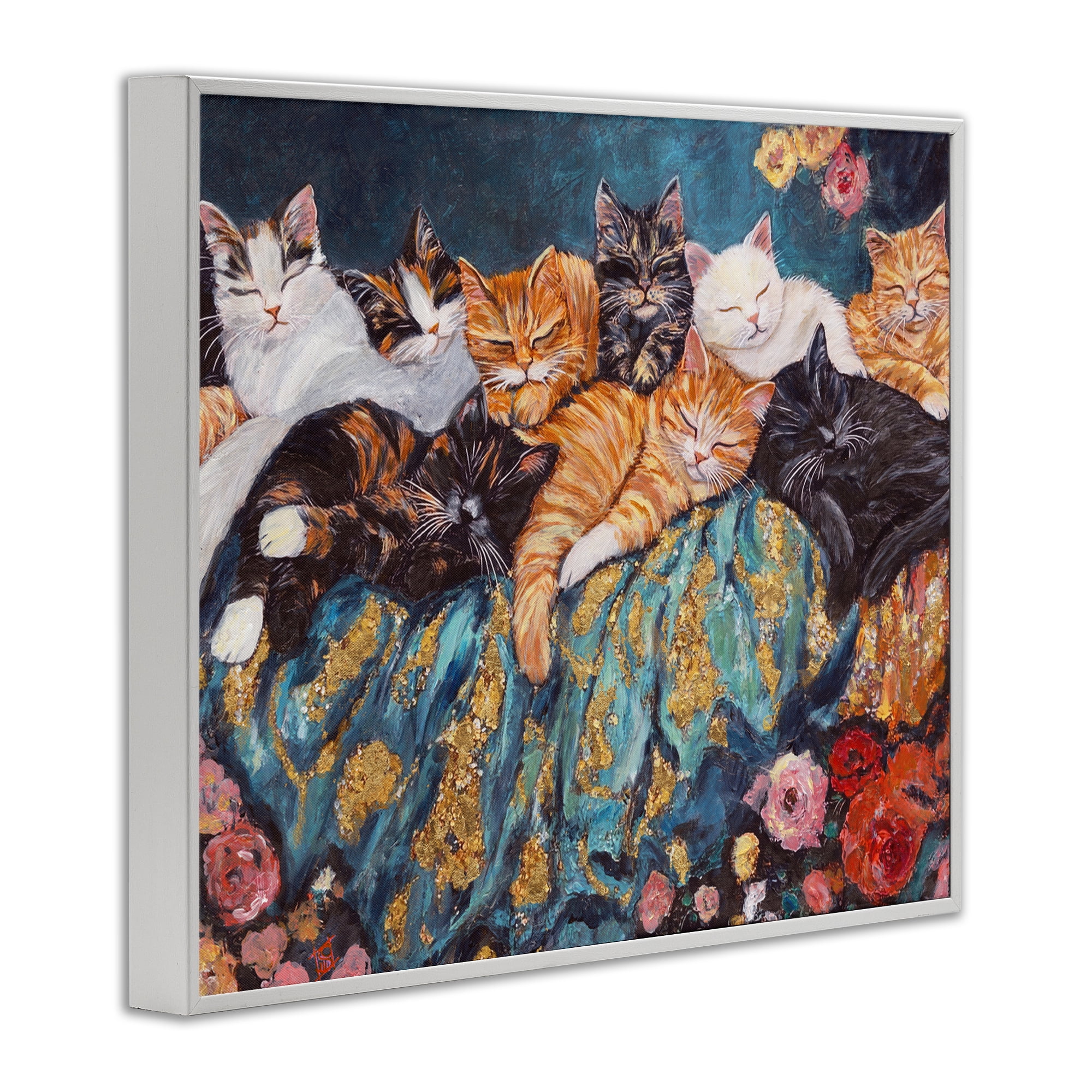 Sleepy Kitty Crowd with Flowers White Framed Giclee Art, design by Sara Culpepper
