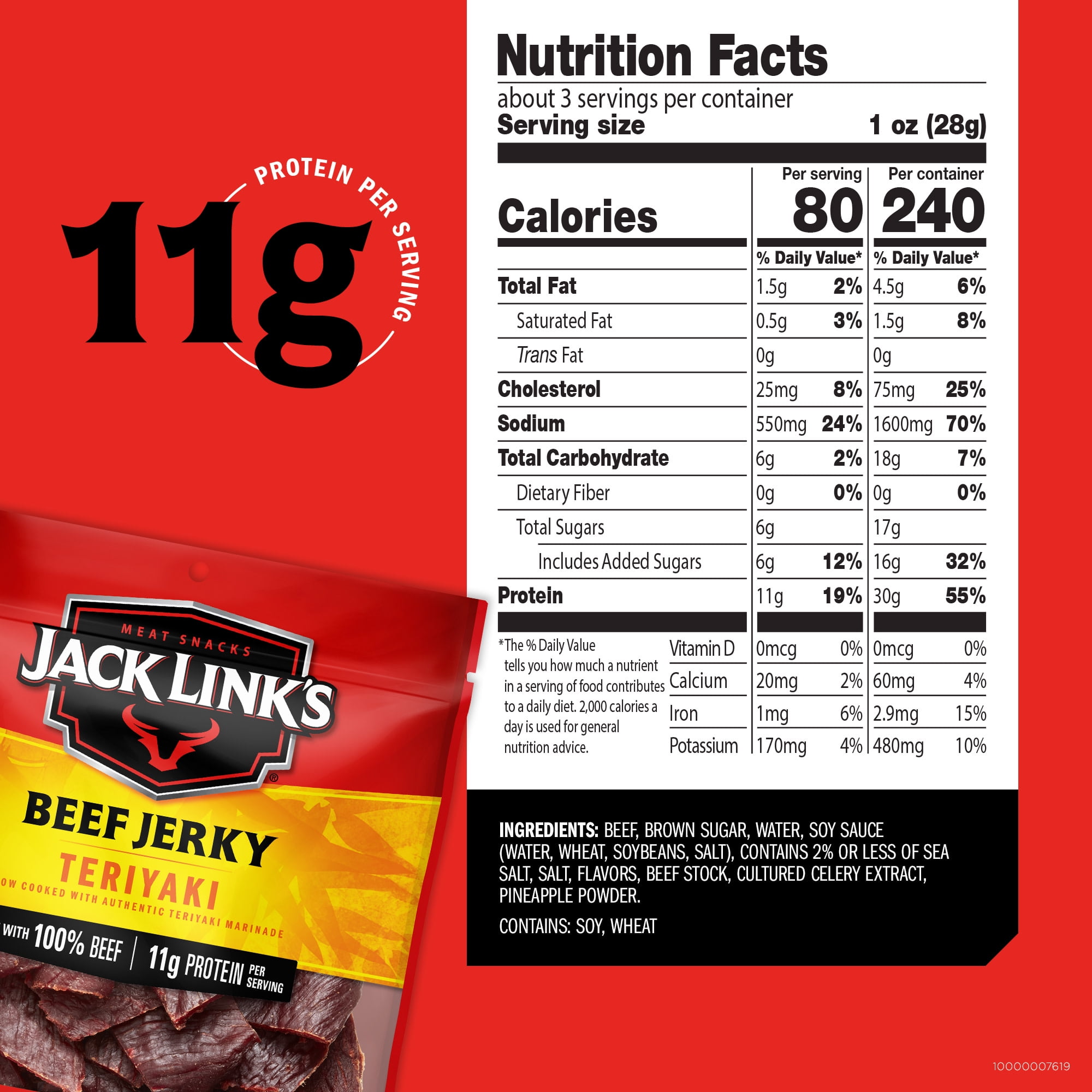 (3 pack) Jack Link’s Beef Jerky, Teriyaki, Made with 100% Beef, 11g of Protein per Serving, 2.85 oz Bag