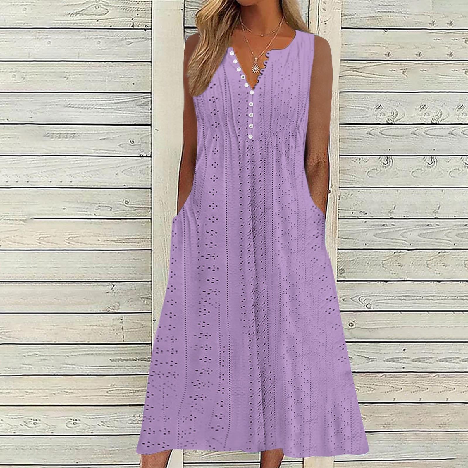 ATOYSOY Women's Elegant Casual Eyelet Tea Length A Line Dress Solid Color V Neck Pockets Sleeveless Button Beach Sundress Retro Trendy Summer Saving Dress for Girls Purple M