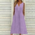 thumbnail image 2 of ATOYSOY Women's V Neck Pockets Tea Length A Line Dress Solid Color Sleeveless Button Elegant Casual Eyelet Beach Sundress Retro Trendy Summer Saving Dress for Girls Purple XXL, 2 of 5