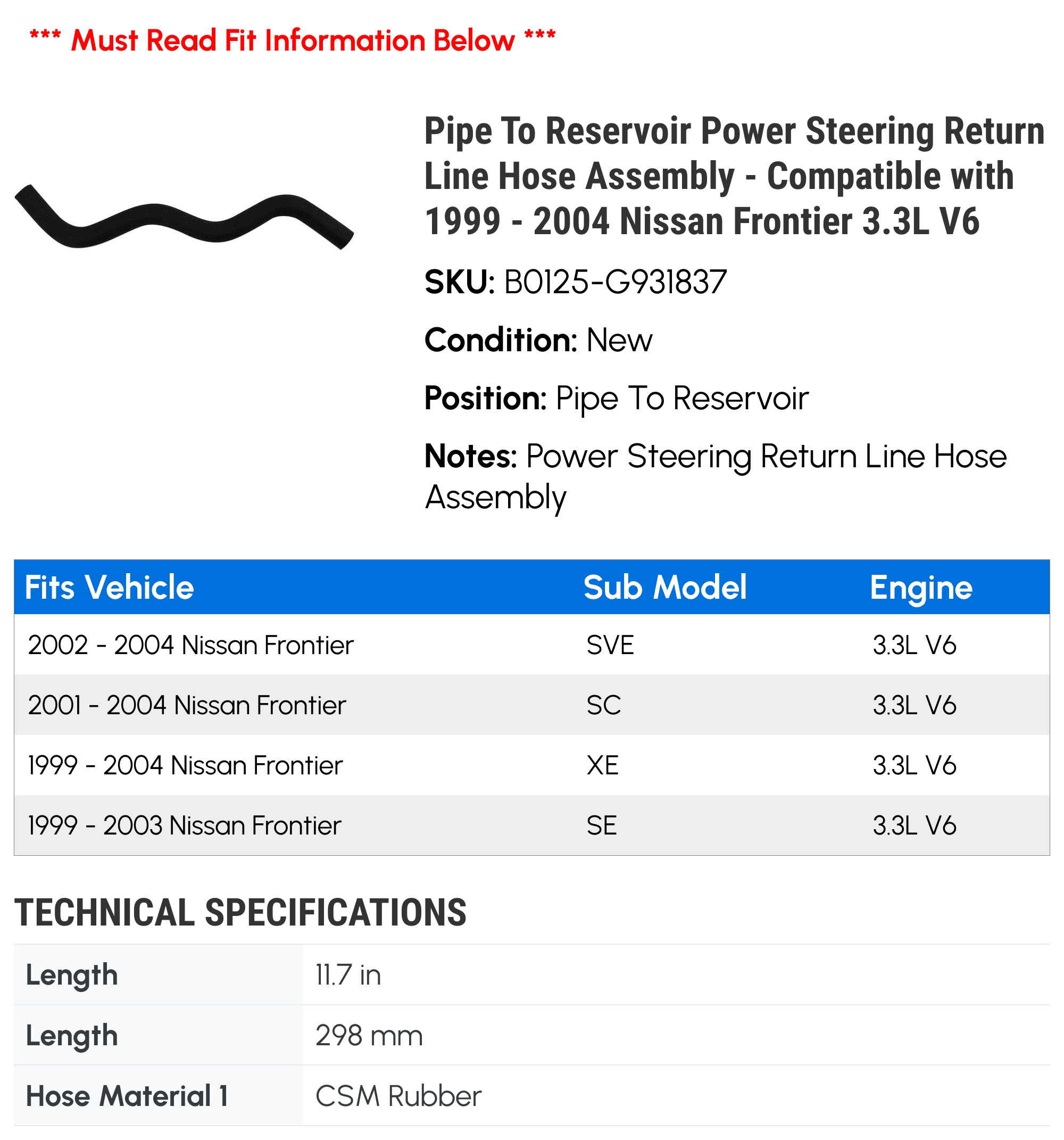 Line To Reservoir Power Steering Return Line Hose Assembly - Compatible with 1999 - 2004 Nissan Frontier 3.3L V6 2000 2001 2002 2003