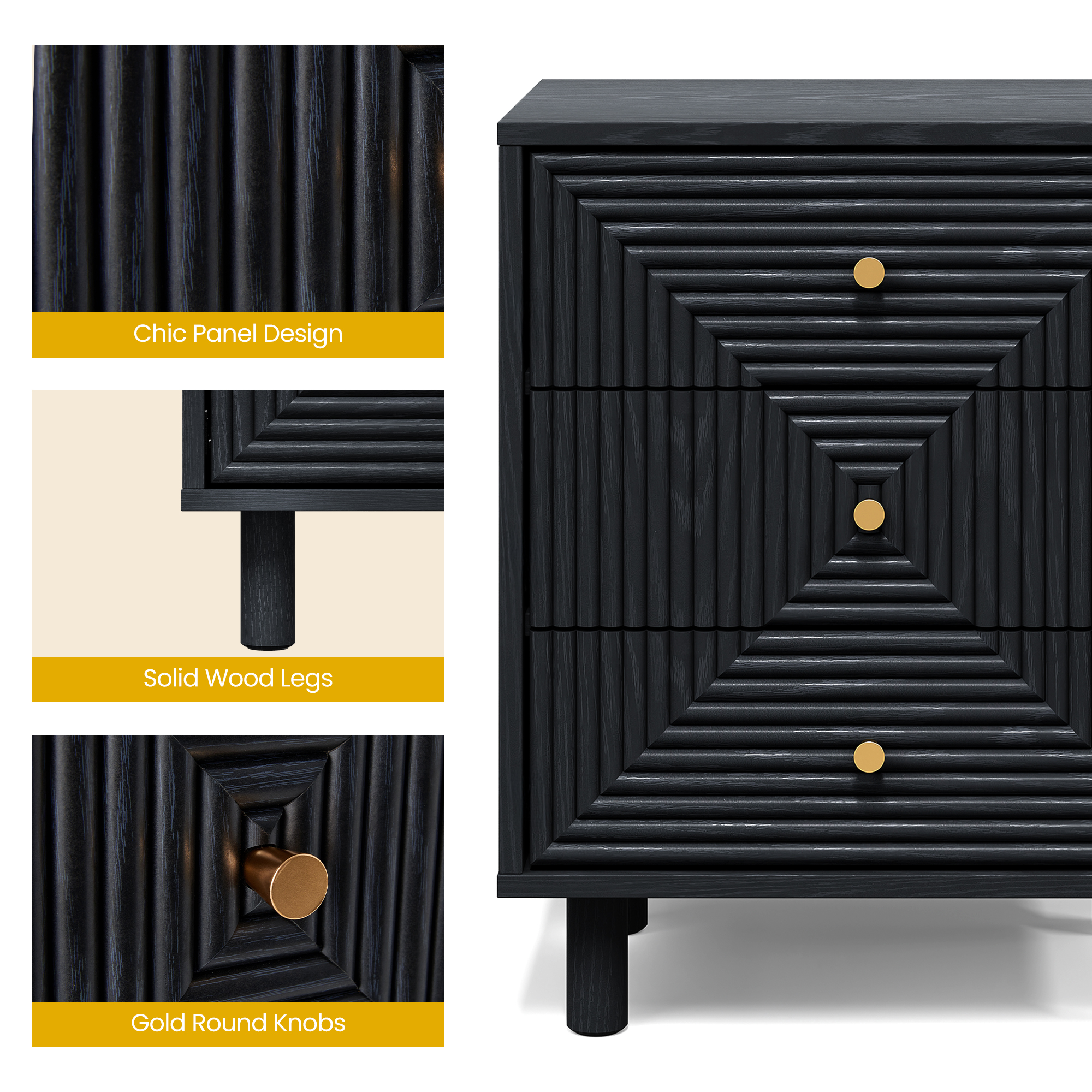 May in Color 3-Drawer Nightstand Set of 2 with Solid Wood Legs and Gold Handles, Wooden Storage Nightstand Side Table, Accent Chest of Drawers for Bedroom, Living Room, Entryway, Black