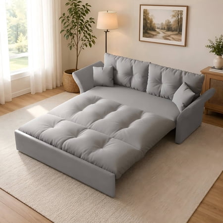 74.8" Queen Size Sofa Bed, 3-in-1 Sleeper Sofa with 2 Pillows for Living Room Apartment, Grey