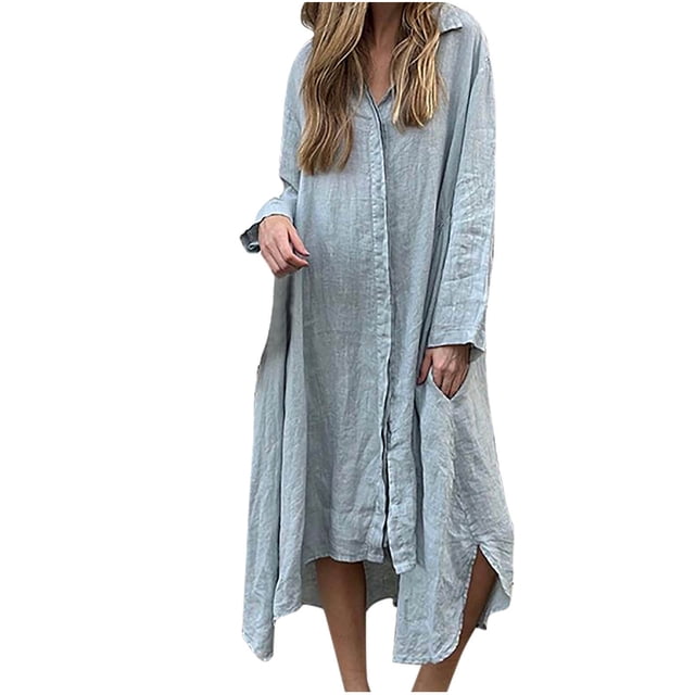 Robes d'Été en Lin pour Femmes, Manches Longues Retroussées, Robe Chemise Maxi Boutonnée, Décontractée, Couleur Unie, Col Rabattu, avec Poche, Bleu Pâle