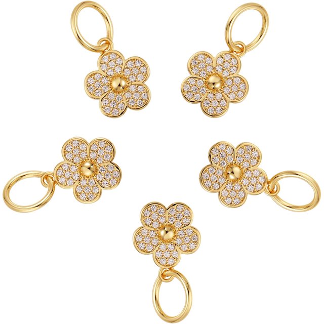 5 colgantes de circonita cúbica transparente con forma de flor, chapados en oro de larga duración, para hacer joyas, collares y pulseras.
