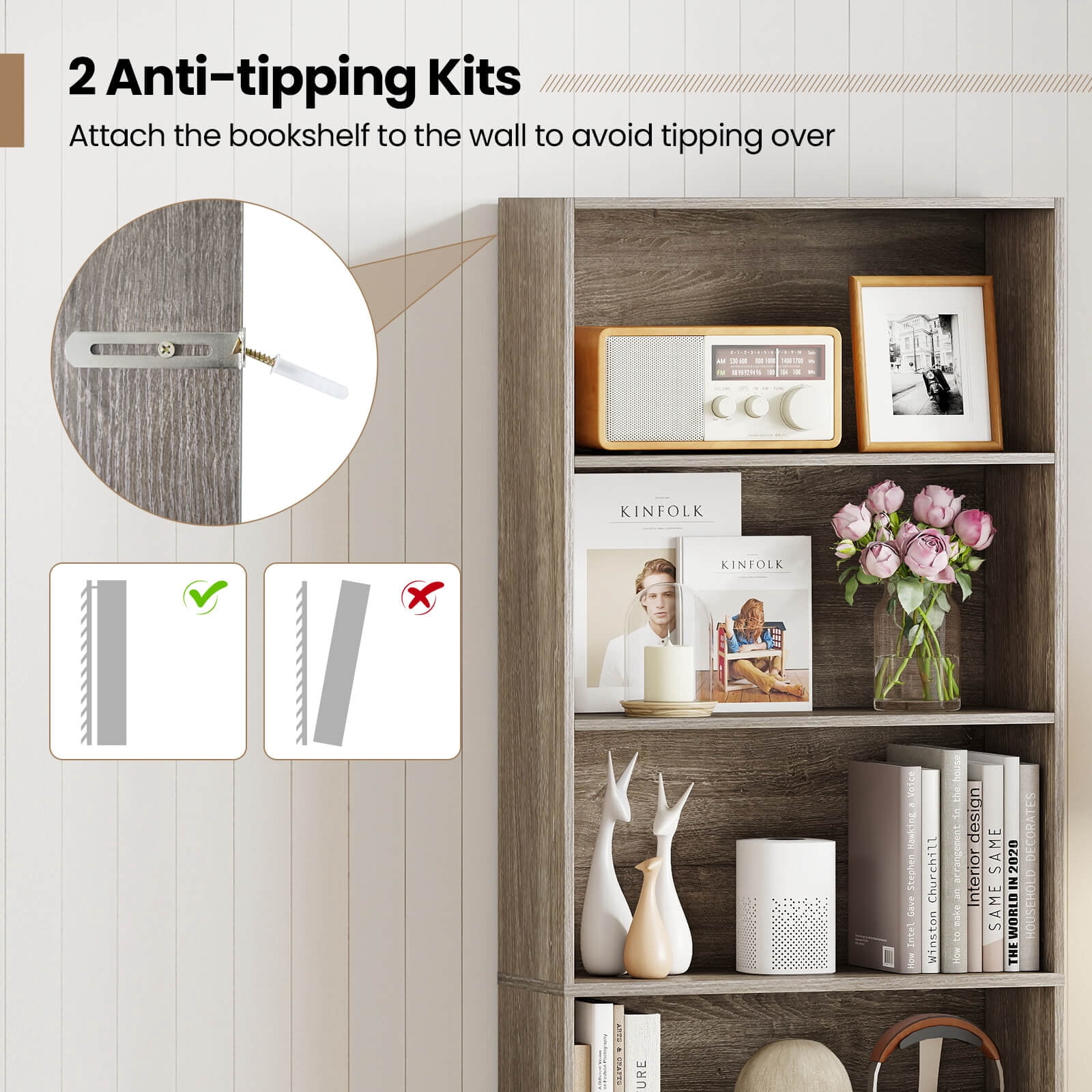 Costway 6-Tier Bookshelf with Open Shelves, Anti-Tipping Kits for Living Room Bedroom Study Gray
