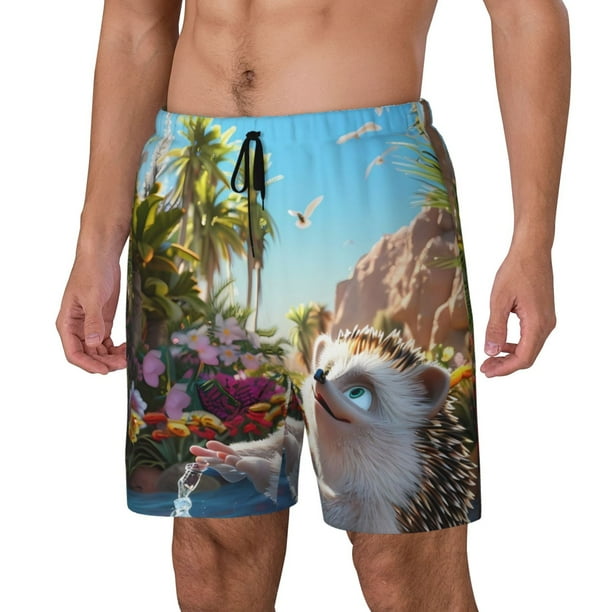 Balery Playful Hedgehog Forest Pond Bañador para hombre, shorts de playa de secado rápido con entrepierna y forro de compresión-Small